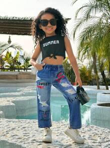 SHEIN 少女可愛塗鴉圖案印花休閒牛仔褲 - 淺藍色 - 查看 4