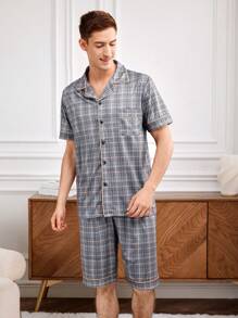 Men's Plaid Short Sleeve Pajama Set - Blue - View 4