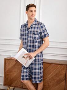 Conjunto De Ropa De Estar Por Casa Para Hombre Con Camisa De Cuadros De Manga Corta Y Pantalón Corto Con Bordes Enrollados