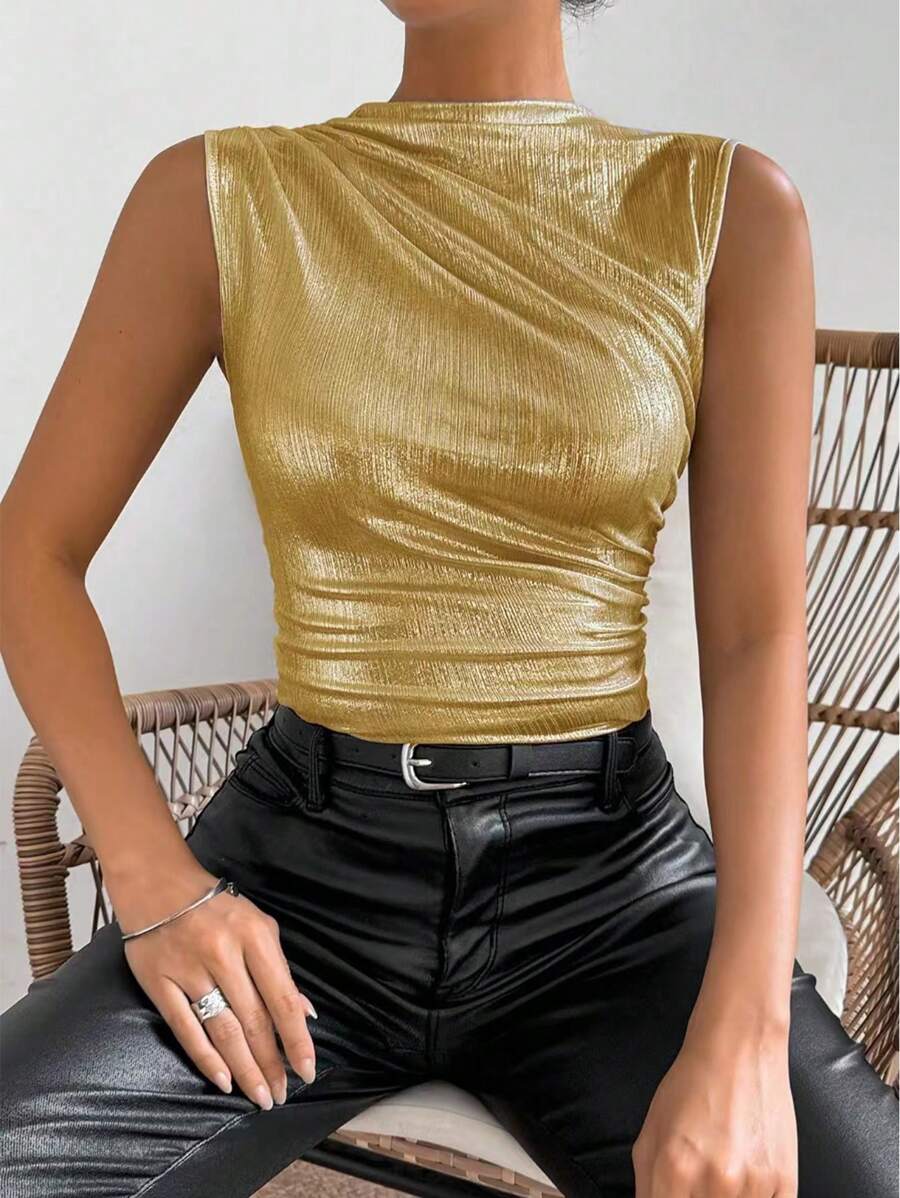 Chiquease Áo ba lỗ xếp ly họa tiết kim loại dành cho nữ - Vàng - Xem 1