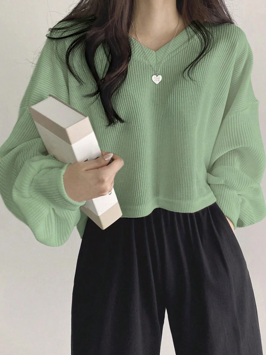 DAZY 女式纯色 V 领落肩长袖 T 恤，秋季服装短款女式上衣 - 綠色 - 查看 1