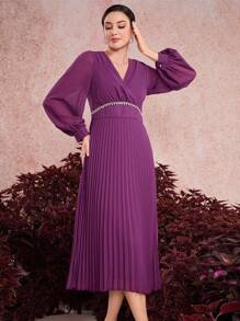 Modelyn Robe longue de soirée pour femmes avec col drapé, manches longues et ourlet plissé - Fushia - Voir 3