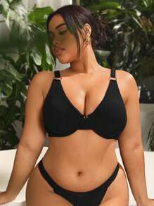 SHEIN Swim Curve Summer Beach Plus Size Solid Color Fashionable Bikini Top With Buckle Design - Black - View 6