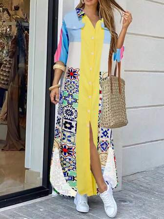 女式休闲图案印花长袖衬衫领中长连衣裙