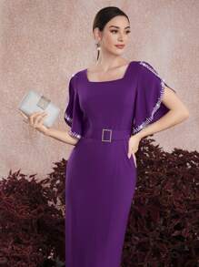 Modelyn Women's Solid Color Square Neckline Split Hem Dress Long Evening Dresses - Purple - View 3