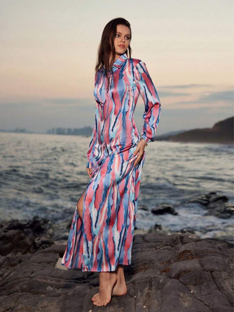 Women's Full Print Long Sleeve Shirt Dress