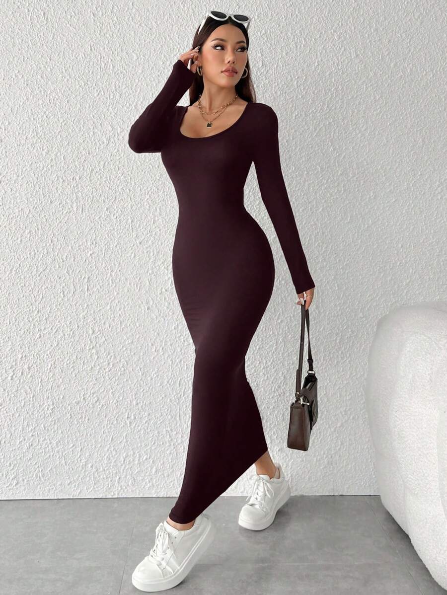 SHEIN PETITE 純色緊身修身長洋裝 - 中紫紅色 - 查看 1