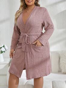 Bata Acanalada De Talla Grande Para Mujer Con Doble Bolsillo Y Cinturón