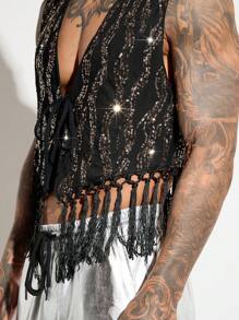 Manfinity RebelGame Men's Glitter Beaded Fringe Hem Tie Front Black Vest For Summer, Plain Leather Fashion Party  Vest - Black - View 4