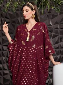 Al Najma Geo Print Burgundy Red Elegant Women's Kaftan Dress