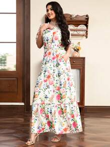 帶口袋的甜美花卉v領長裙,打結前細節,波浪邊和泡泡袖 - 彩色 - 查看 1