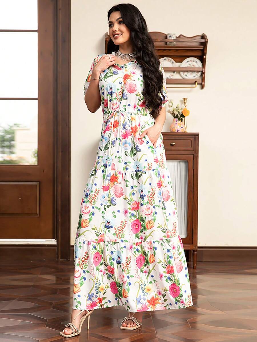 帶口袋的甜美花卉v領長裙,打結前細節,波浪邊和泡泡袖 - 彩色 - 查看 1