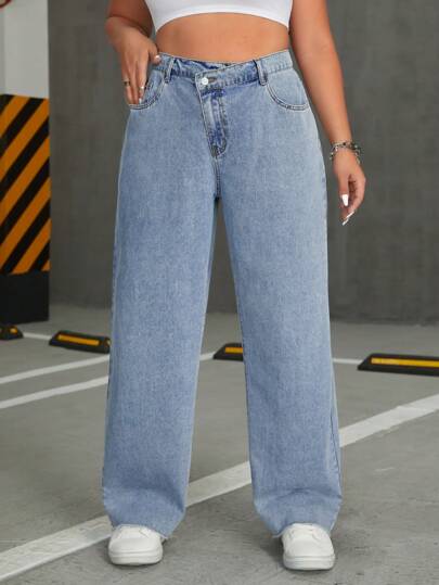 SHEIN ICON Plus Size Women's Asymmetrical Waist Denim Jeans