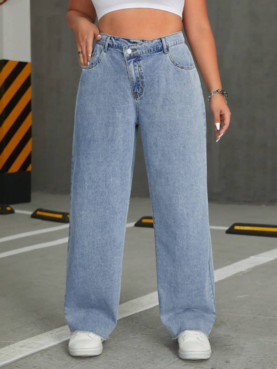 SHEIN ICON 大尺碼女士不對稱腰身牛仔褲 - 藍色 - 查看 1
