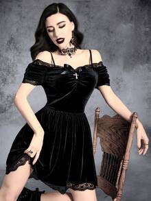 Gothic Mini Velvet Dress With Contrast Lace, Scallop Trim, Ruched Bust And Arm Sleeves - Black - View 3