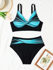 Swim Lushoire Summer Beach Women's Color Block Striped Twist Knot Bikini Set Carnival