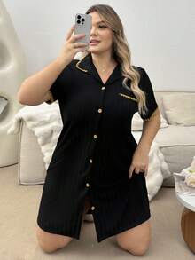 Plus Size Color Block Checked Border With Front Pocket Homewear Dress - Black - View 3
