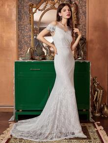 White Netted Yoke Lace Mermaid Wedding Dress - White - View 3