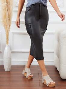 SHEIN LUNE Ladies Solid Color Workwear A-Line Skirt For Summer Fall Cloth For Women - Black - View 5