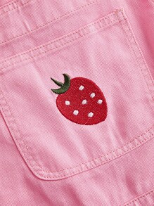 ROMWE Kawaii Của phụ nữ Thêu dâu tây Túi Quần short Denim Overall - Hồng - Xem 3