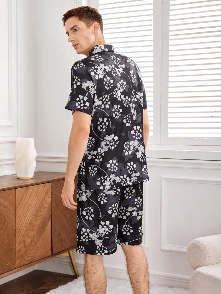 Men's Flower Print Color Block Polo Shirt And Shorts Casual Home Wear Set