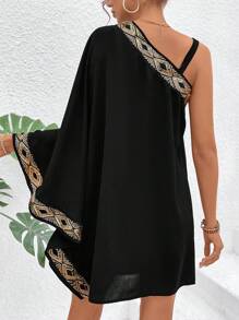 Breezaya 不对称领女式几何印花直筒连衣裙，带拼布设计度假海滩装 - 黑色 - 查看 2