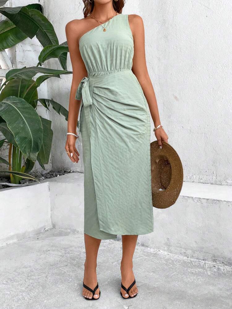 Women's One Shoulder Sleeveless Knotted Side Bodycon Dress