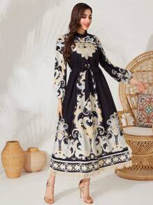 Al Najma Women's Baroque Printed Lantern Sleeve Tie Waist Tassel Trim Modest Arabian Dress - Multicolor - View 4