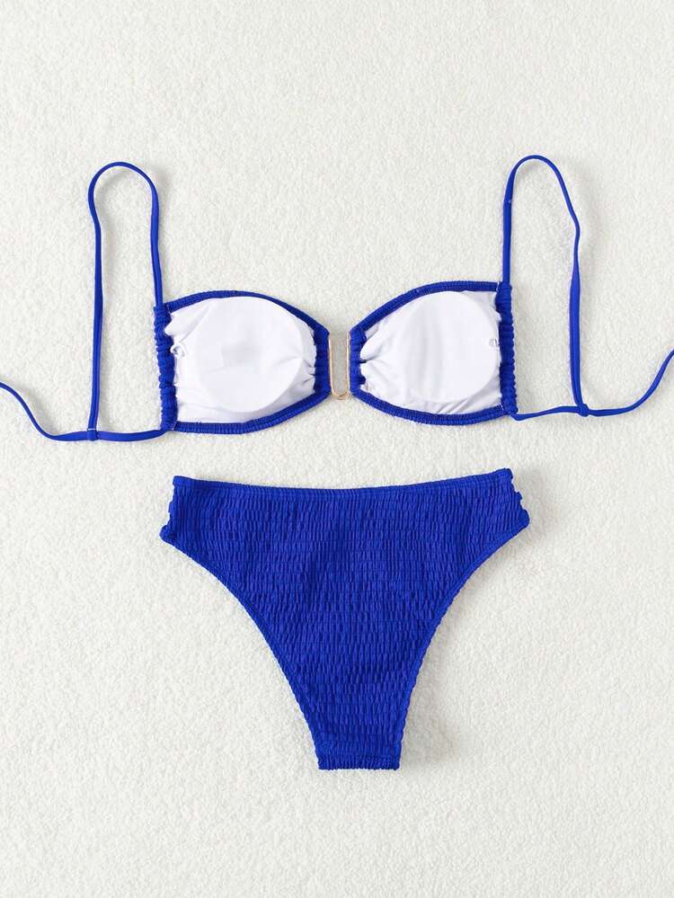Summer Women's Solid Color Bikini Set With U-Shaped Metal Buckle Decoration