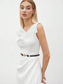 BizChic Của phụ nữ Không đối xứng Vòng cổ Màu thuần Đầm - trắng - Xem 4