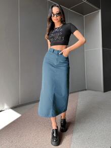 EURMUSE Women's Long Denim Skirt With Back Slit - Medium Wash - View 3