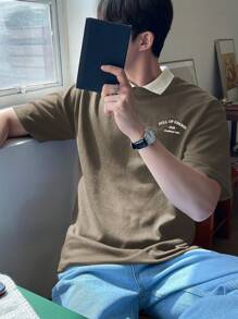 DAZY 男士字母印花拼色立領襯衫 - 綠色 - 查看 4