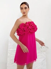 Aloruh Women's Multilayer Lace Strapless Dress - Hot Pink - View 3
