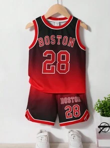 SHEIN 2入組年輕男孩休閒街頭風格運動紅黑漸變數位印花背心和短褲,適用於春/夏/室內/上學/體育活動 - 彩色 - 查看 1