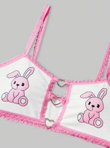 ROMWE Kawaii Women's Cute Rabbit & Heart Shaped Embellishment Colorblock Edge Underwear Set, Kawaii