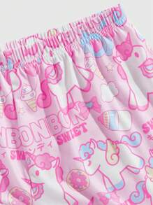 ROMWE Kawaii Conjunto De Pijama De Blusa Con Cuello En V Y Shorts De Encaje Y Estampado De Unicornio - Multicolor - Ver 4