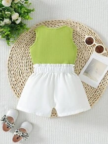 SHEIN Baby Girl Splicing Halter Top With Bowknot Shorts Set - Multicolor - View 2