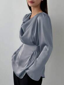 DAZY Của phụ nữ Màu thuần Tay áo dài Áo sơ mi Với Áo cổ bò - Màu xanh lam - Xem 3