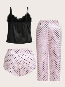 3pcs/Set Plus Size Lace Detail Cami Top And Polka Dot Printed Shorts And Pants Pajama Set With Bowknot Decor - Multicolor - View 2