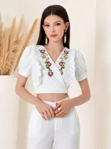 Women's White Short Sleeve V-Neck Embroidered Blouse - White - View 3