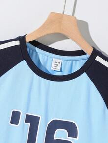 SHEIN Cậu bé Tween Lỏng lẻo Thể thao Khối màu Mẫu Raglan Ngắn Áo thun - Màu xanh lam - Xem 7