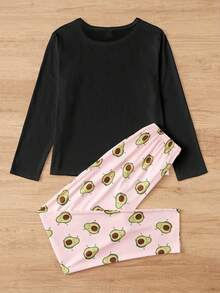 Teenage Girls' Avocado Pattern Print Long Sleeve Pajama Set With Pants - Black - View 2