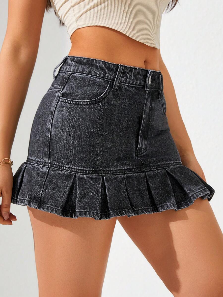 SHEIN Privé 女用褶皺下擺迷你牛仔裙 - 黑色 - 查看 1