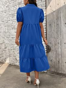 SHEIN Holidaya Plus Size V-Neck Puff Sleeve Hem Dress - Blue - View 3