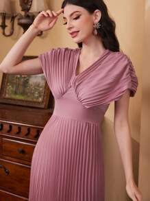 Modelyn Vestido largo de noche de unicolor con mangas abullonadas y pliegues - Rosa vieja - Ver 8