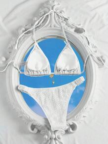 SHEIN Swim Bộ Bikini Hai Dây Tam Giác Màu Trơn Đi Biển Mùa Hè Bộ Bikini Quần Bikini - trắng - Xem 2