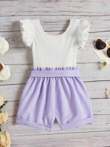 SHEIN Young Girls' Casual Colorblock Ruffle Trim Romper - Purple - View 2