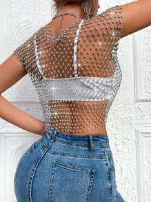 Allurite 1pc Sheer Rhinestone Fishnet Top For Women - Silver - View 2