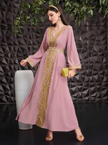 Al Najma V-Neck Belted Dress - Pink - View 1