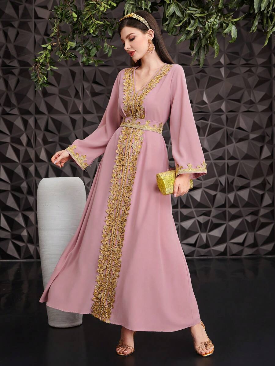 Al Najma V-Neck Belted Dress - Pink - View 1